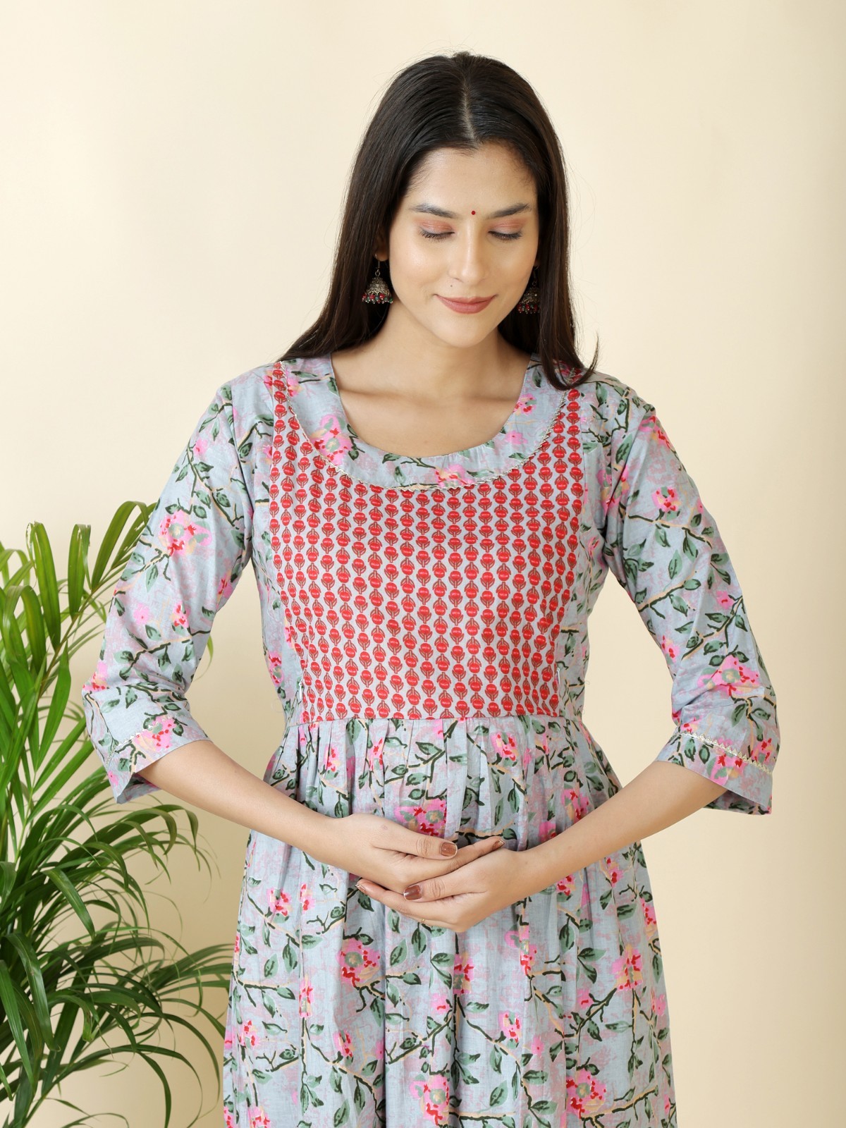 Handmade Floral Cotton Maternity Dress : Nursing Friendly Gown With Side Zipper