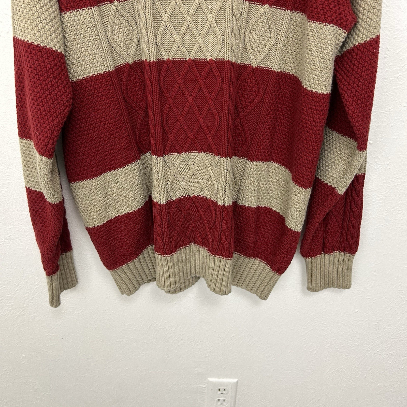 LL Bean Signature Men’s XXL Sweater Striped Cable Knit Red Beige Cotton Linen