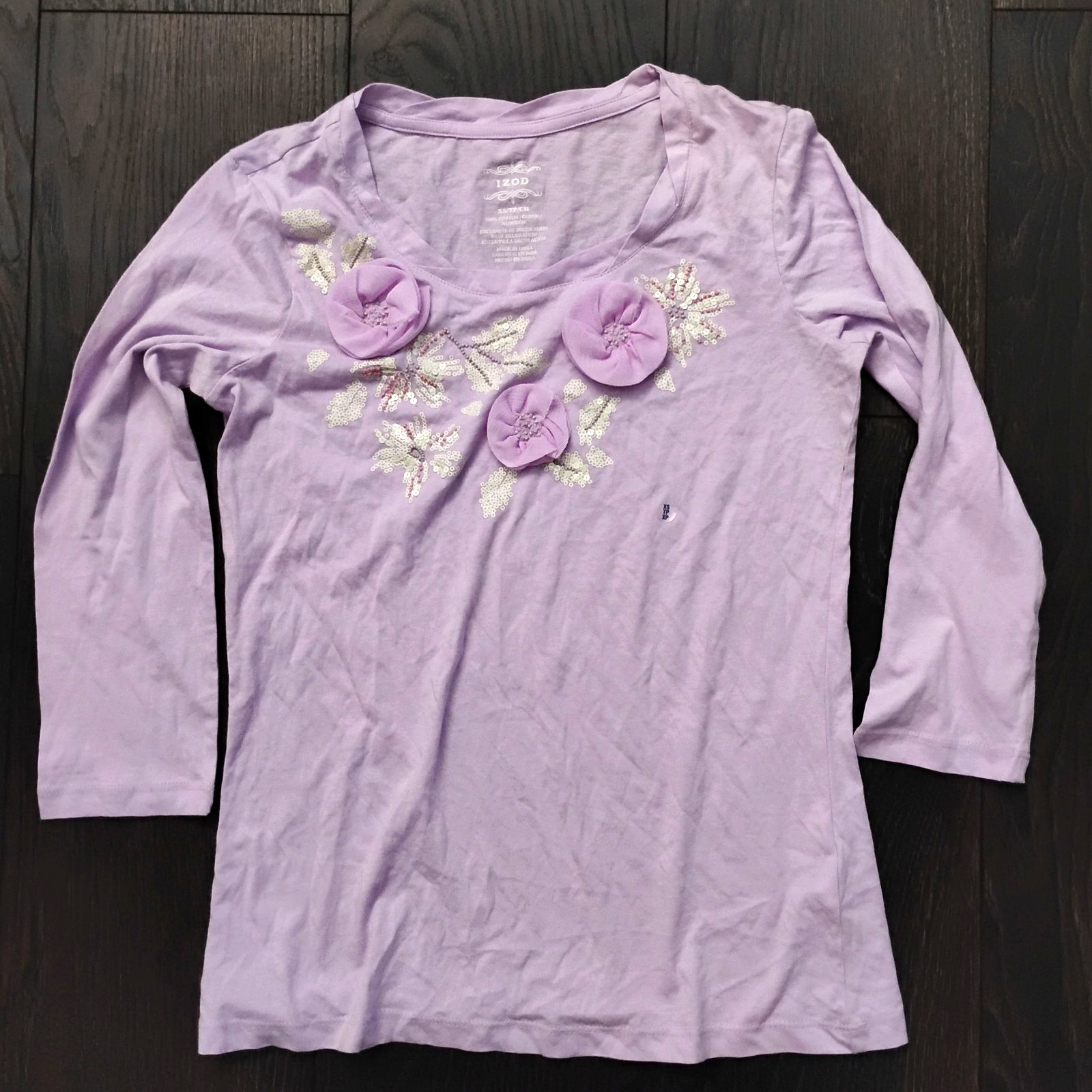 New Women’s IZOD Light Purple Size XS Cotton Long Sleeve T-Shirt Flowers