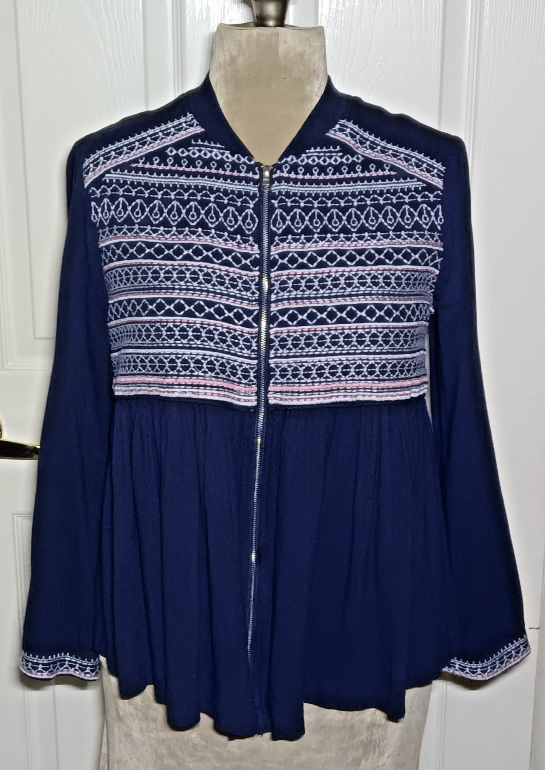 Octavia Zip Front Smocked Shirt Cotton 3/4 Sleeve Swing Peblum Fair Isle Size S