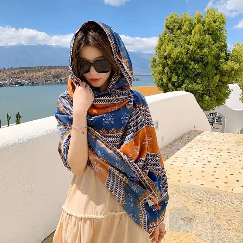 Ethnic Cotton Linen Scarf Shawl Long Wrap Lightweight Cover for Travel Sun Beach