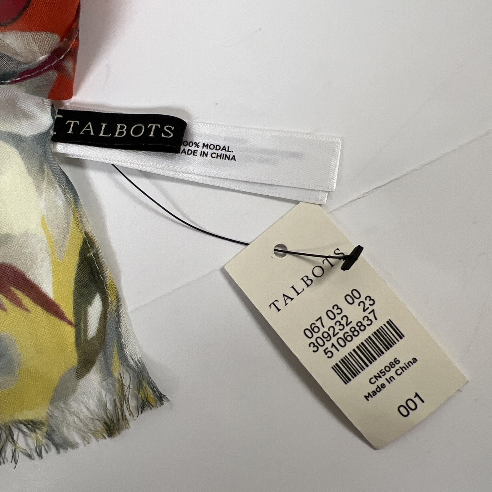 Talbots 100% Modal Scarf 75” X 27” White Teal Yellow and Orange Floral NWT