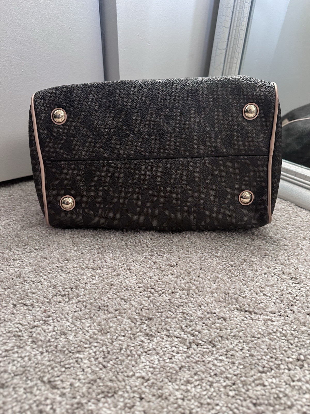 Michael Kors Medium Satchel Top Handle Bag Brown MK Logo Pink Handles Zip Gold