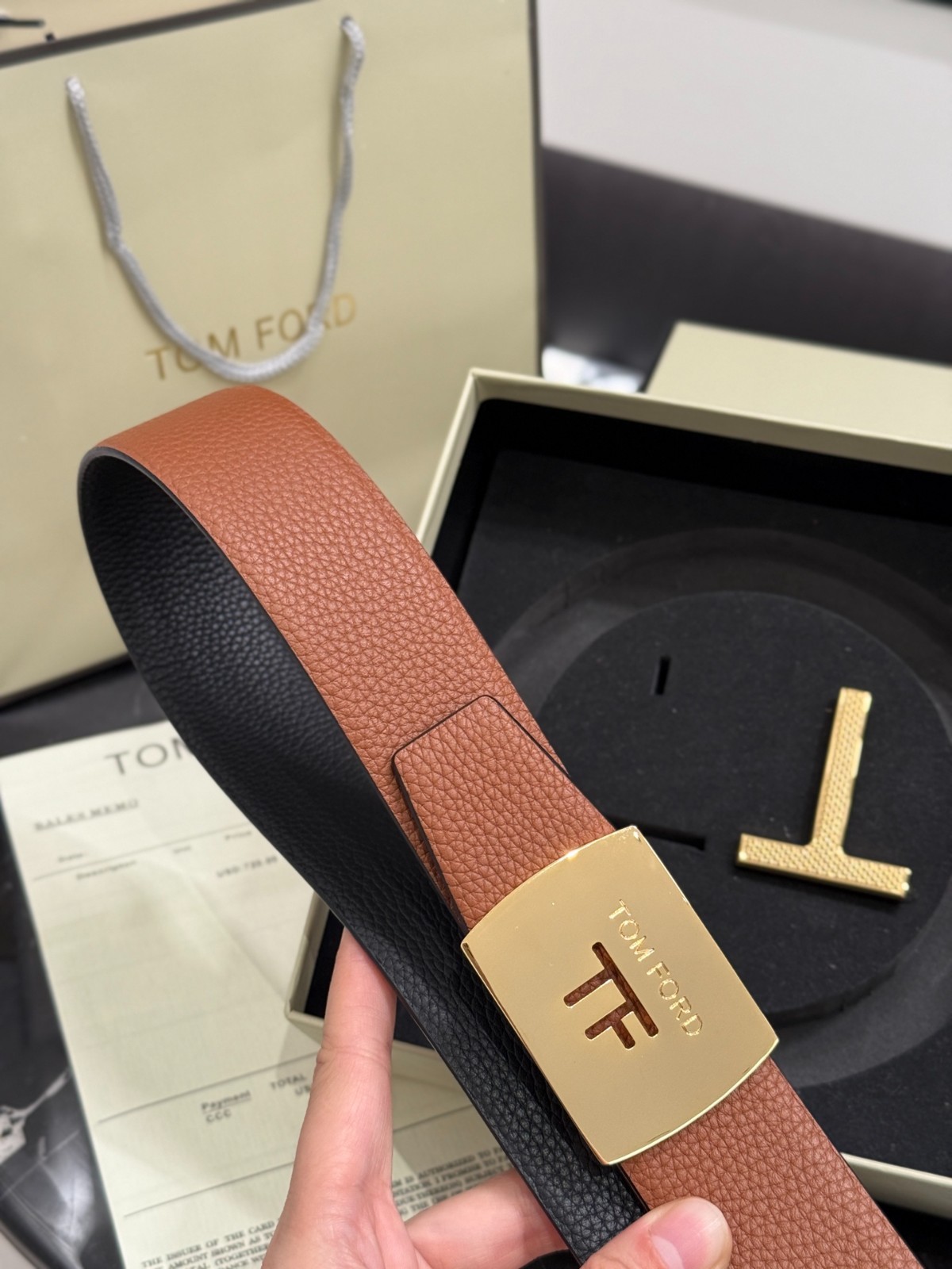 Tom Ford Mens T Logo Brown/Black Leather Dress Belt S.S. Buckle