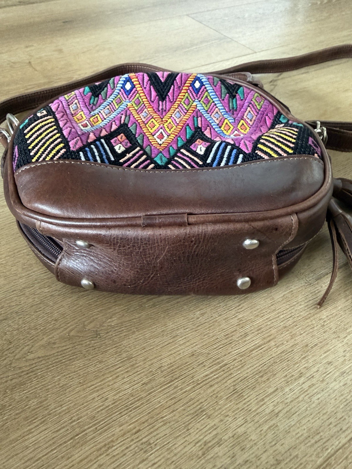 Brown Multicolor Geometric Round Crossbody Bag Zip Top Tassel Detachable Strap