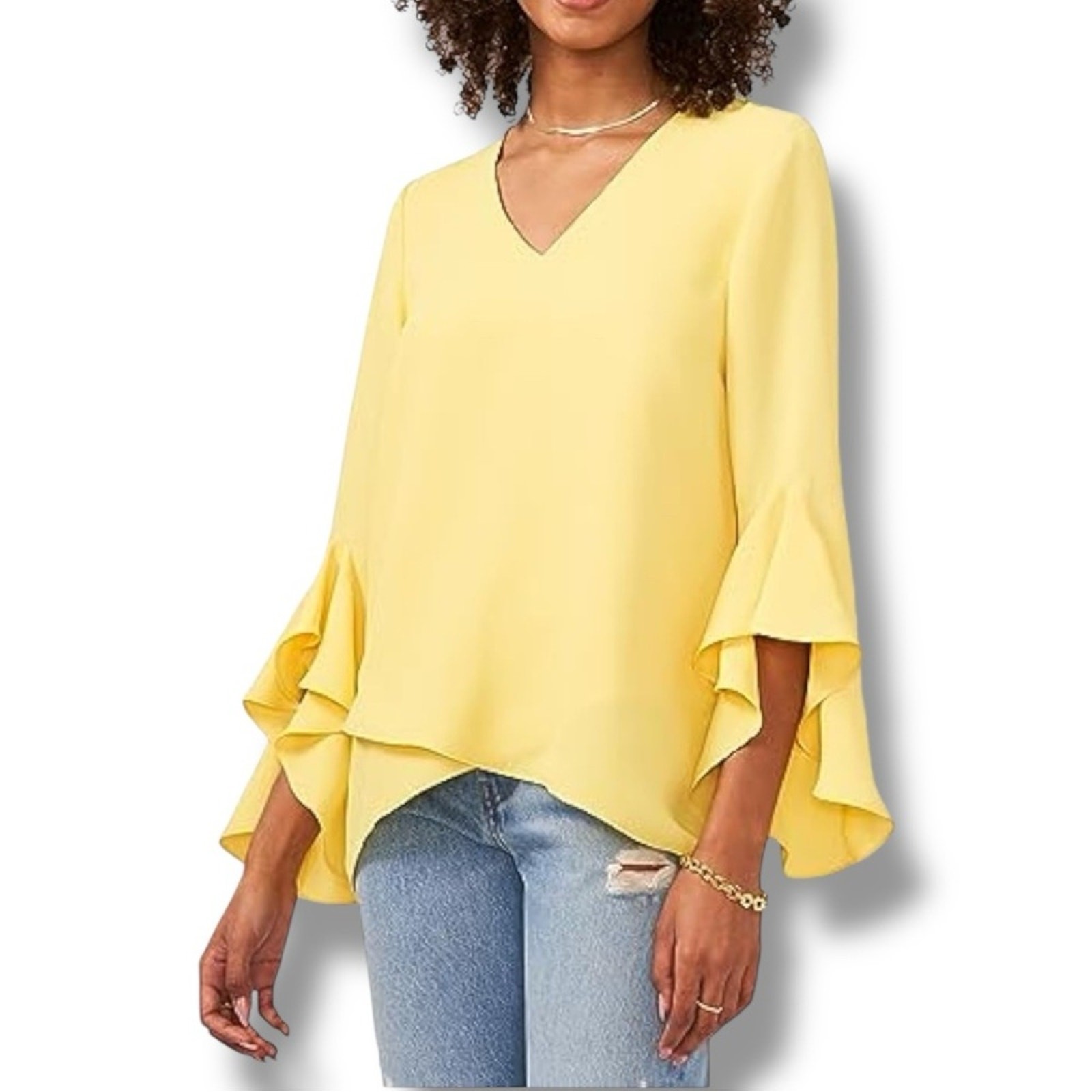 Vince Camuto sunburst yellow V-Neck 3/4-Flutter Sleeve Blouse NEW size XS