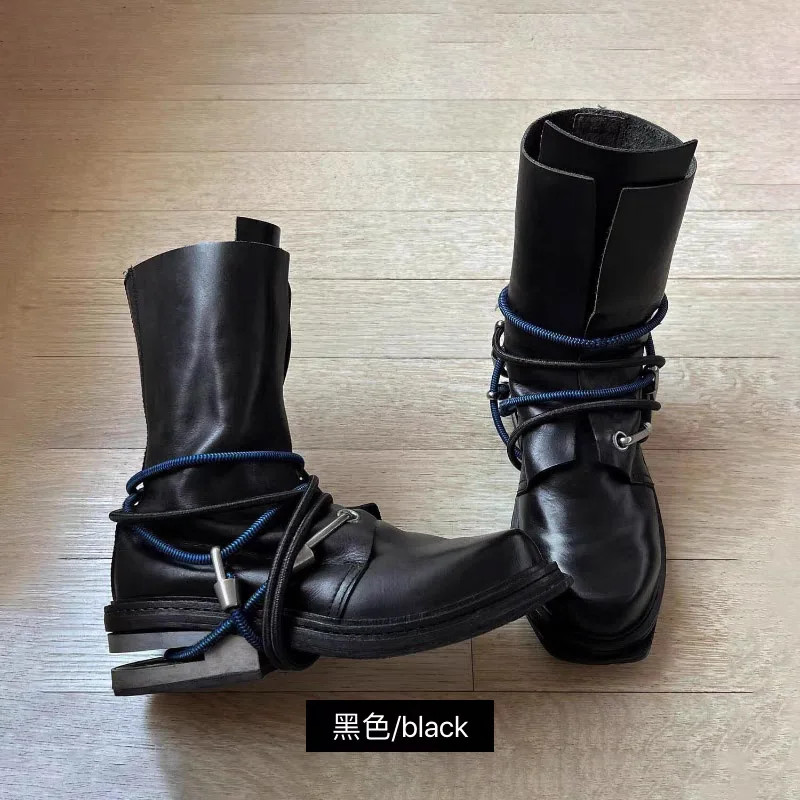 Men’s Motorcycle Boots Metal Chunky Heel Mid-Calf Round Toe Western Boots Couple