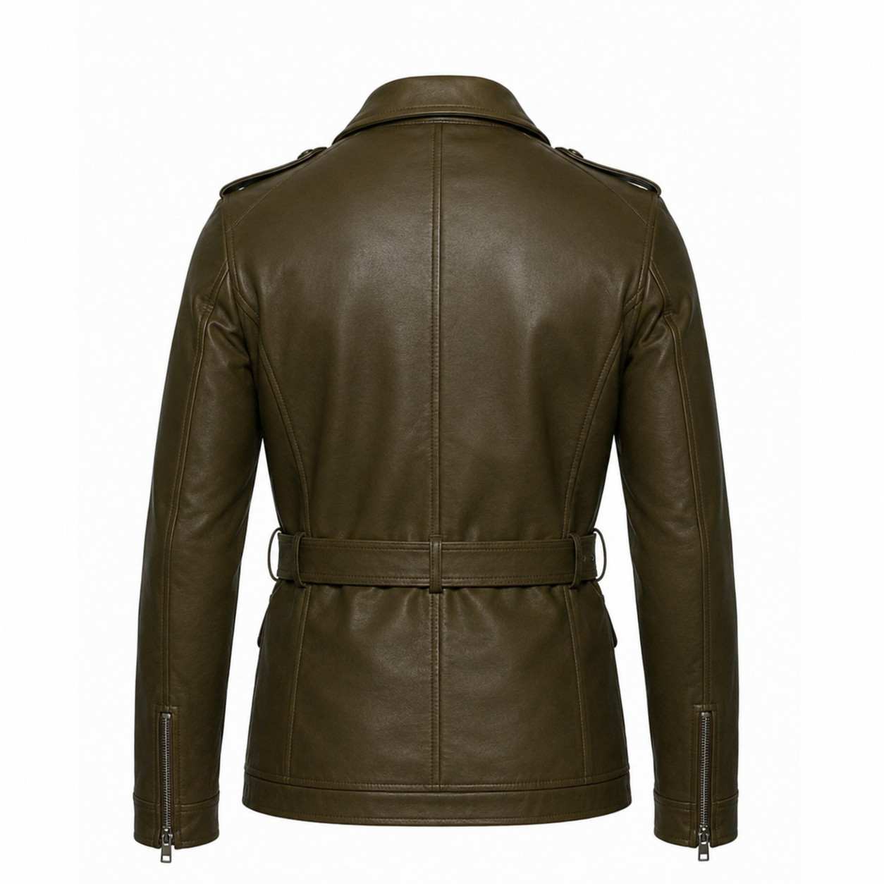 Men’s Olive Leather – Field Jacket Belted Military Style – Utility Coat – Zip Up