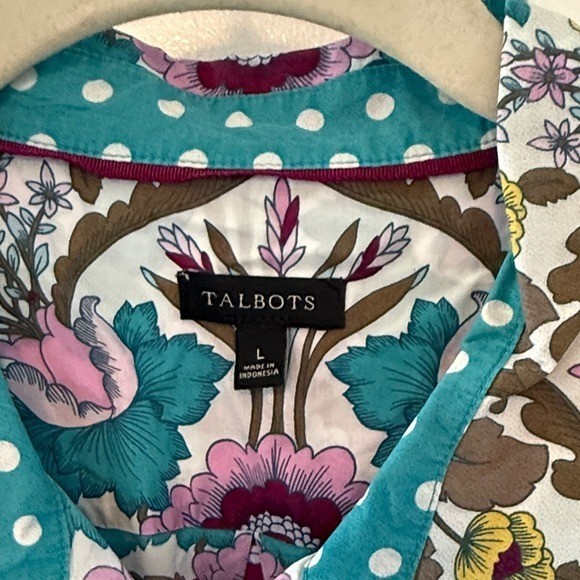 Talbots Button Down Shirt Womens L Multi Color Excellent Floral Paisley Dot Trim