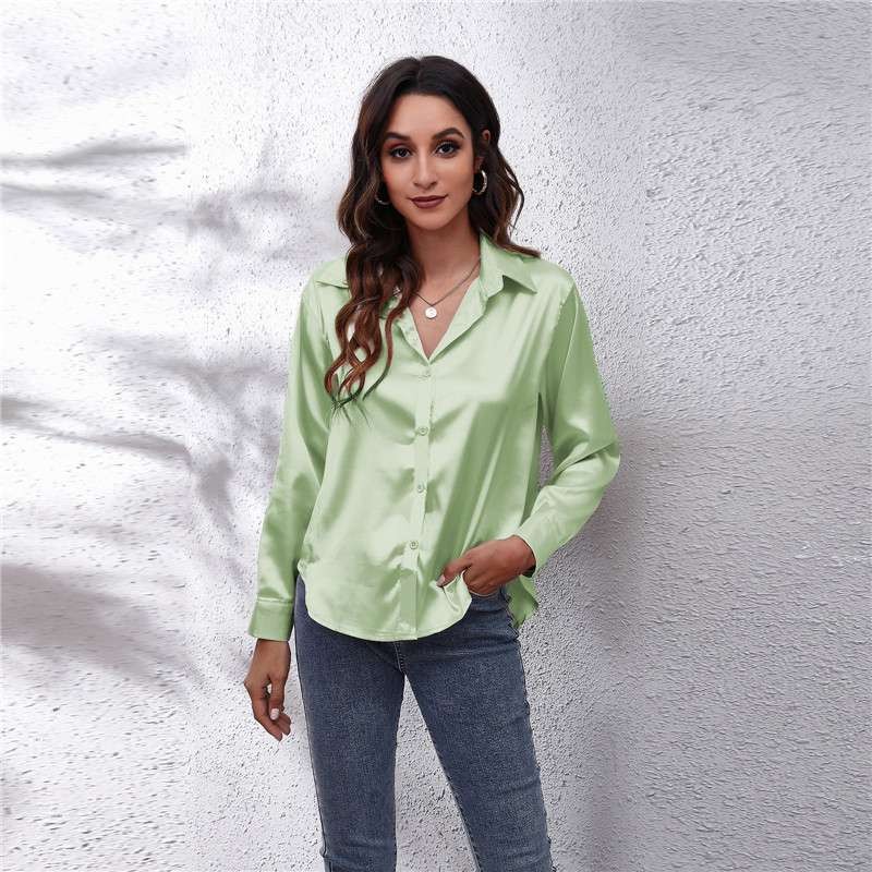 Women’s Shirts Satin Silk Lapel Long Sleeve Button Blouse Top Office Ladies