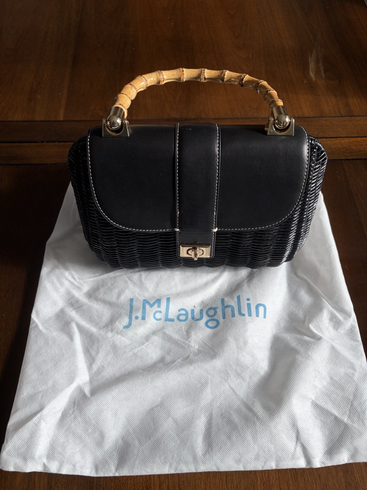 J.McLaughlin Black Satchel Top Handle Bamboo Handle Turn Lock + Dust Bag