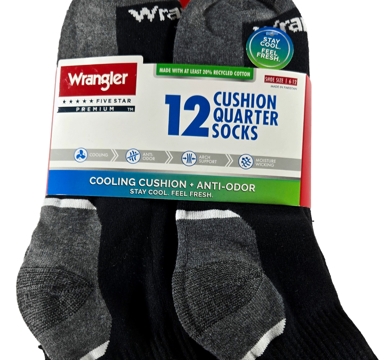 Wrangler Five Star Mens Quarter Socks 12 Pack Black Grey Cushion Size 6-12 NWT