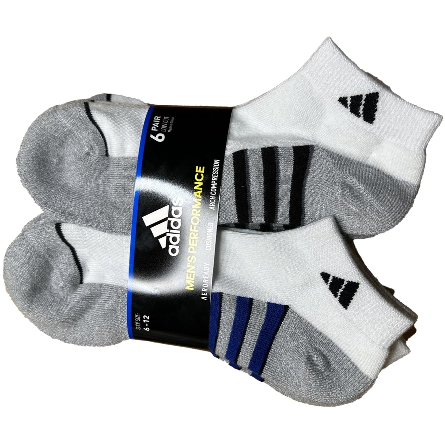Adidas Aeroready Cushioned Low Cut Socks 6 Pair White Black Blue Men’s Size 6-12