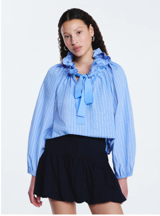Free Assembly Puff Neck Tie Blue White Striped Ruffle Blouse Women NWT *26