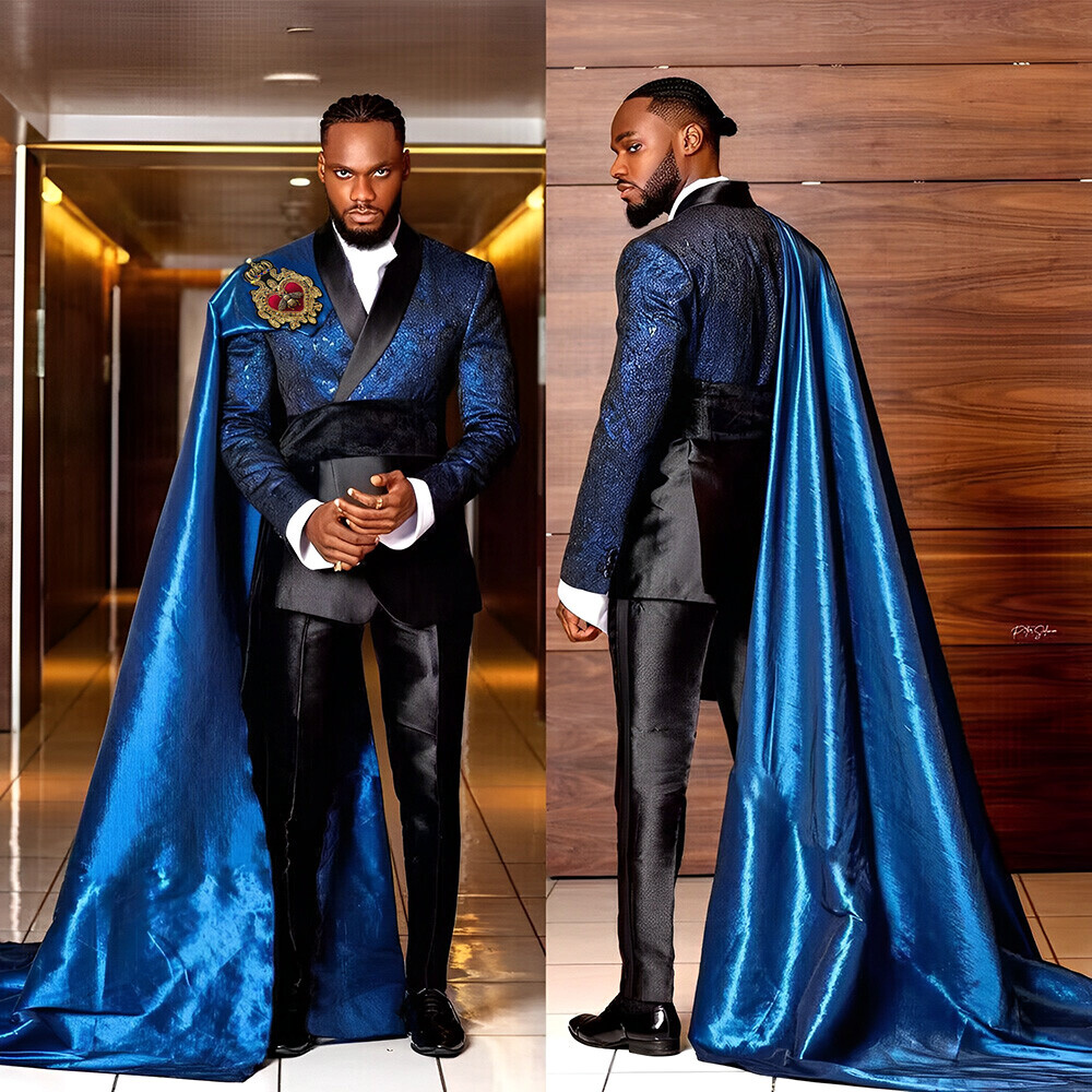 Men’s Royal Satin Suits Jacket with long Cape Fashion Formal Party Wear 3 Pieces