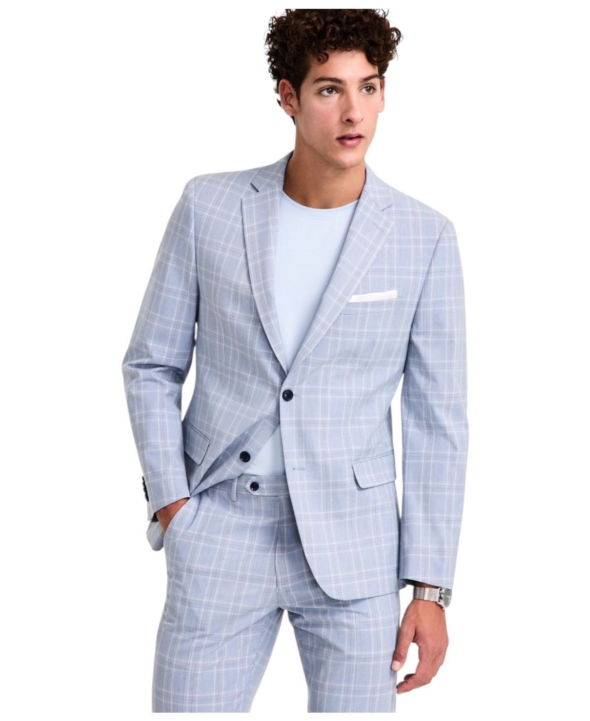 Alfani Mens Slim fit Suit Jacket Blazer 44 L Light Blue Plaid