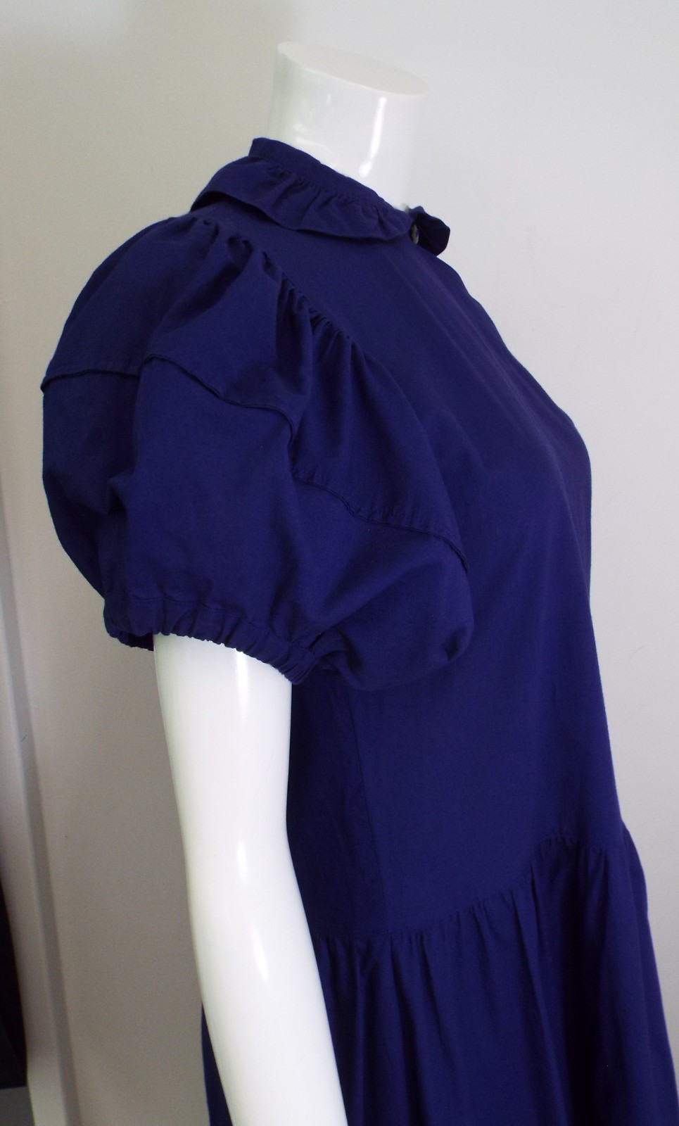 VTG 1980s KENZO Blue Puff Sleeve Dress Small Cotton Asymmetrical Button Wrap Top