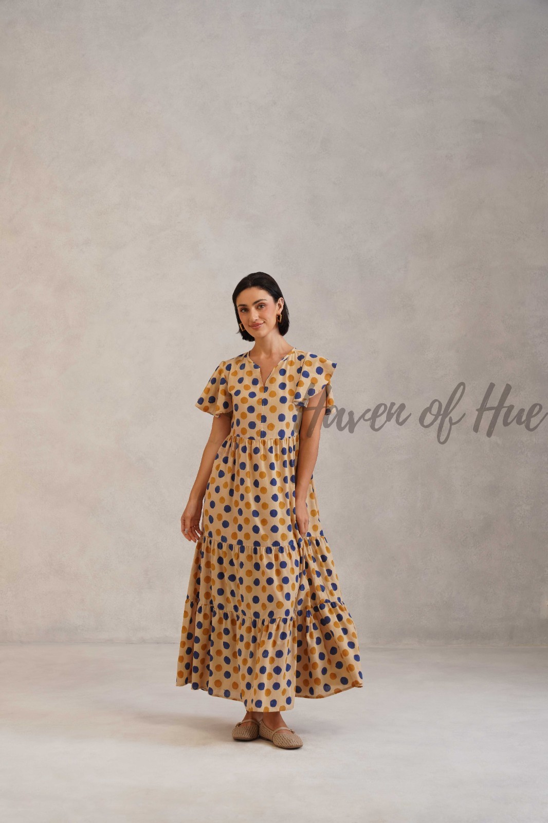 Hand Block Printed Cotton Midi Dress, V-Neck Long Sleeve Tiered Floral Outfit