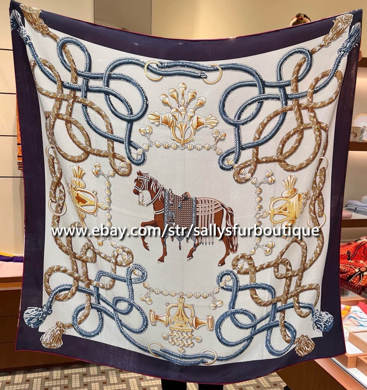 Quality Cashmere & Silk Jacquard Horse Print Double Face Shawl Scarf 53″