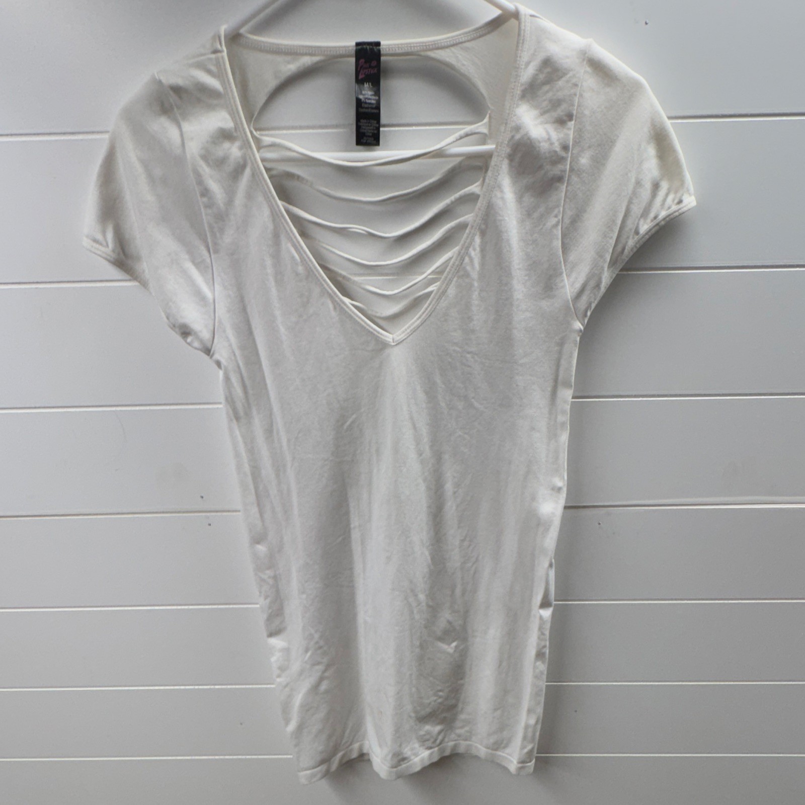 Pink Lipstick White Cutout Lattice V-Neck Short Sleeve T-Shirt Top M/L