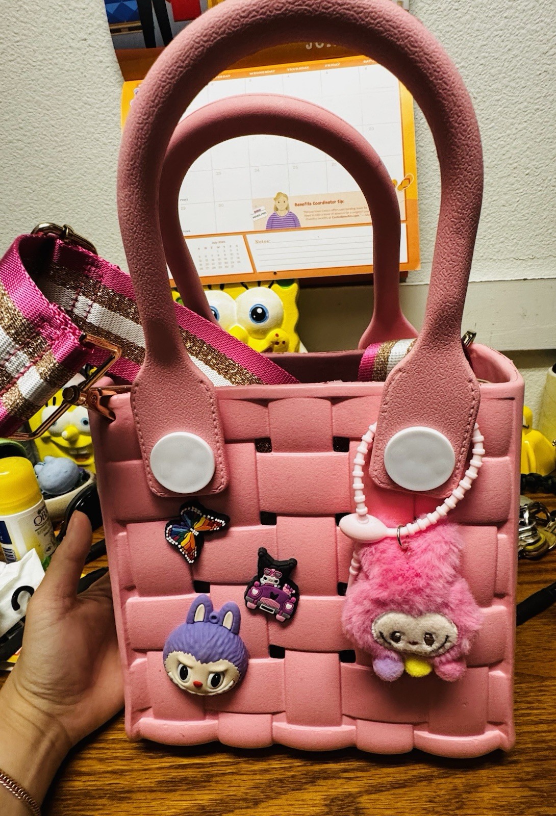 Pink Hello Kitty Small Tote Top Handle Detachable Strap with Charms