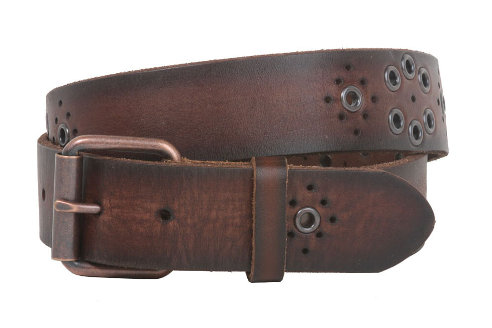 Snap On Oil Tanned Vintage Grommets Perforated Full Grain Solid Leather Belt