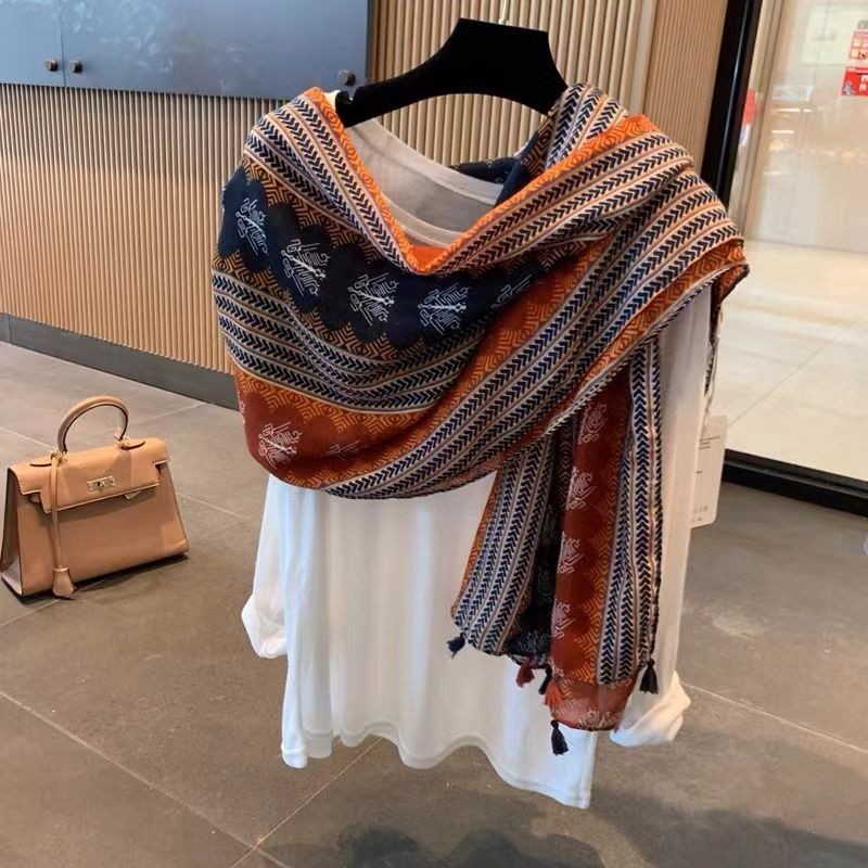 Ethnic Cotton Linen Scarf Shawl Long Wrap Lightweight Cover for Travel Sun Beach