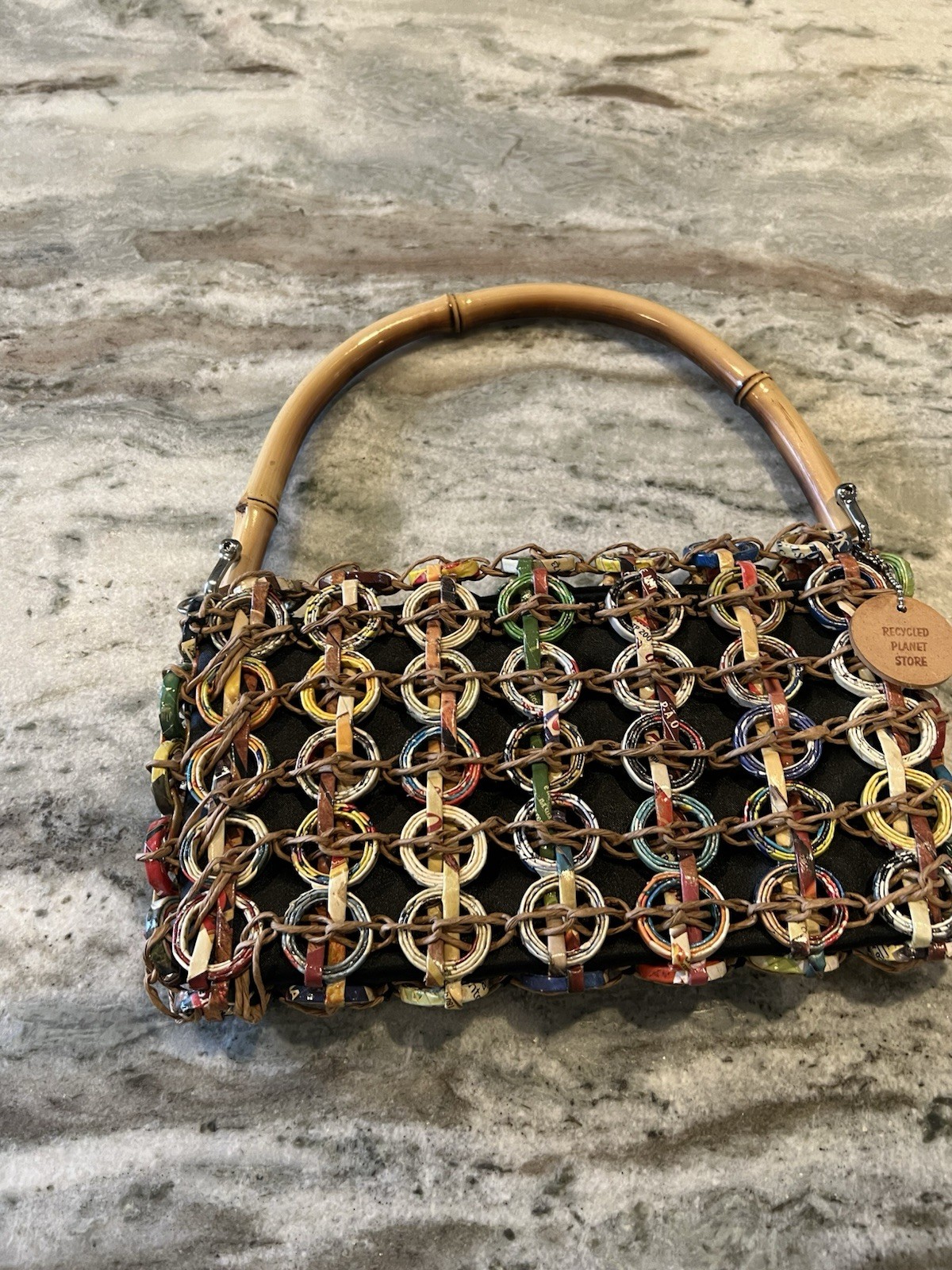 Recycled Planet Store Shoulder Hand Bag w/ Bamboo Handle Purse Eco-Friendly Boho