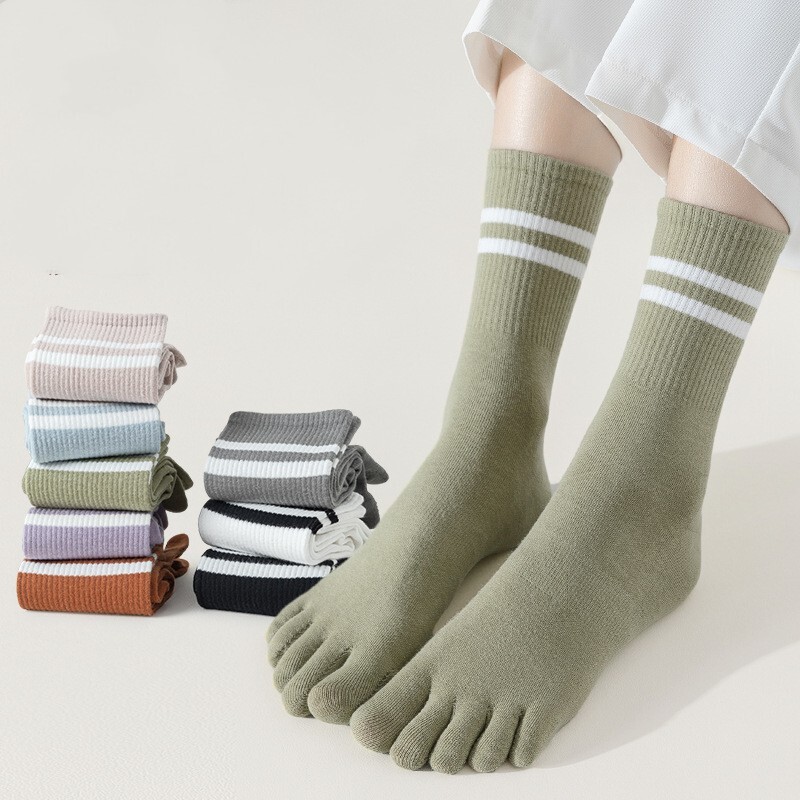 Women Crew Ankle Five Finger Toe Striped Solid Casual Girls Cotton Socks 5Pairs