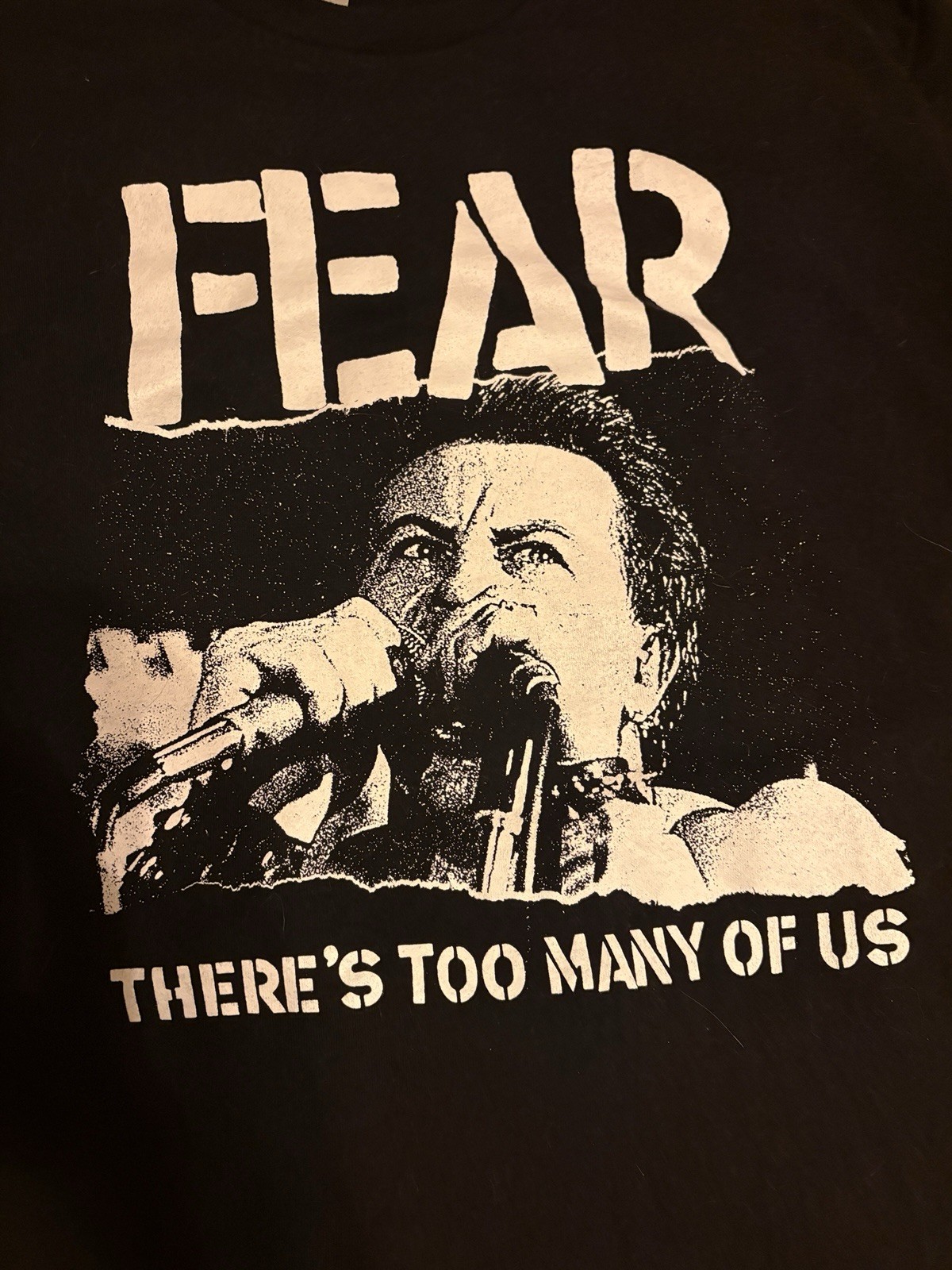 FEAR ‘There’s Too Many Of Us’ Size L Large Black Tee Shirt Los Angeles Punk Rock