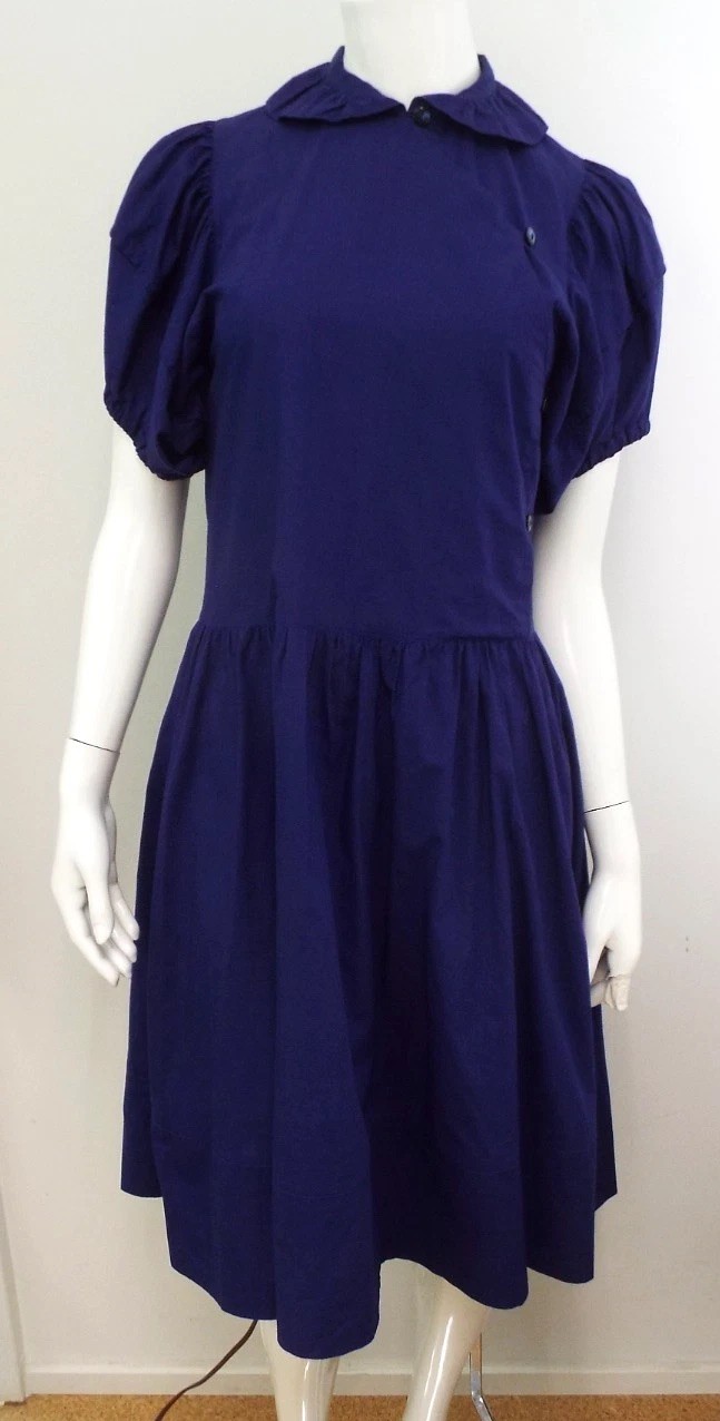 VTG 1980s KENZO Blue Puff Sleeve Dress Small Cotton Asymmetrical Button Wrap Top