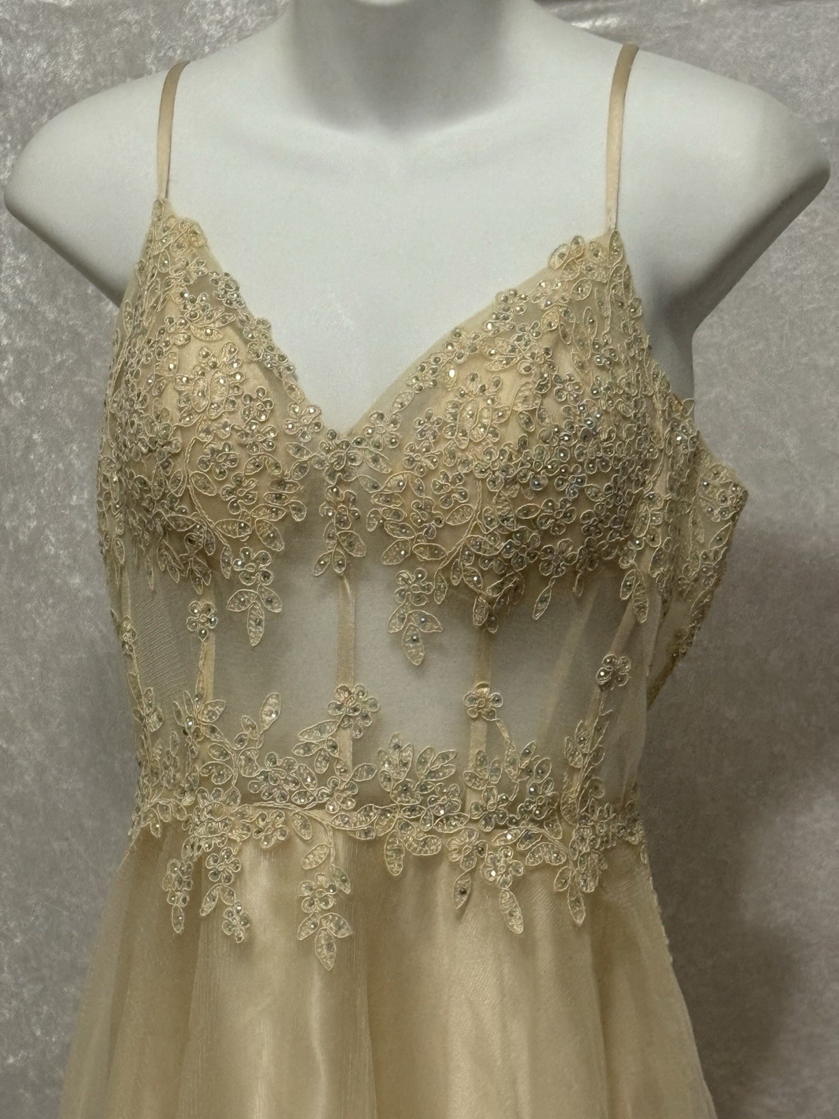 Blondie Nites by Stacy Sklar Champagne Beaded Prom Dress 7 Fairycore Formal Gown