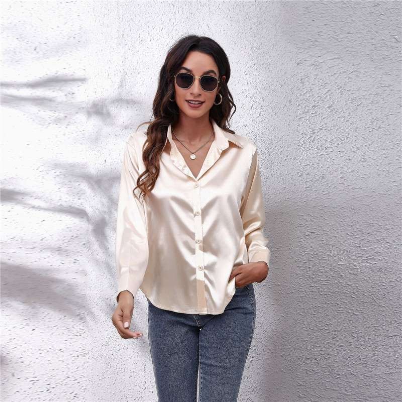 Women’s Shirts Satin Silk Lapel Long Sleeve Button Blouse Top Office Ladies