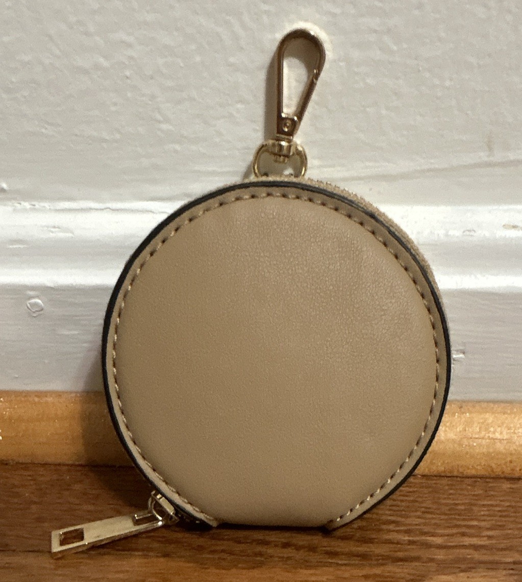 Beige Faux Leather Round Zip Coin Purse Key Chain Solid Women’s