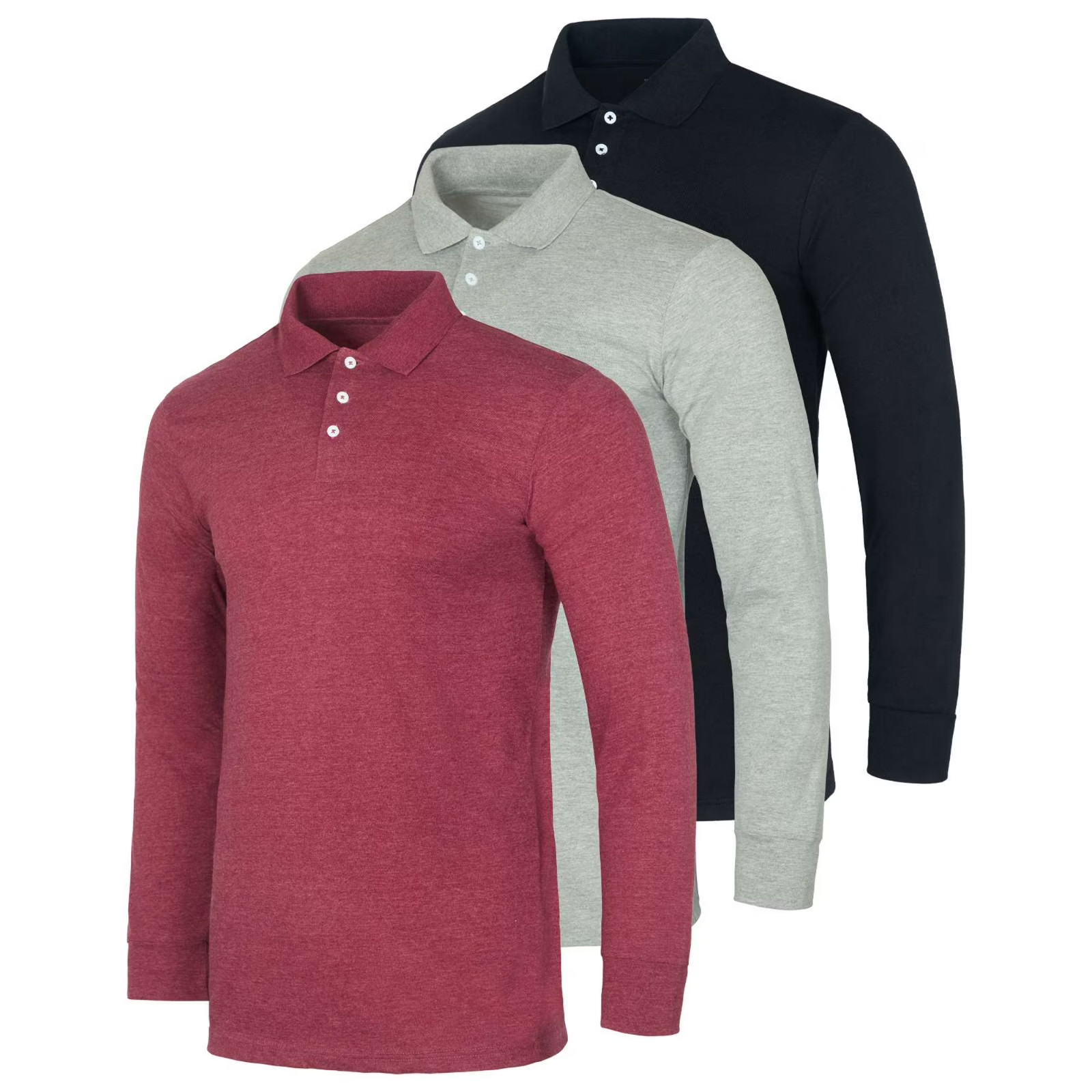 3-Pack: Men’s Cotton Jersey Long-Sleeve Polo Shirts (S-3XL)