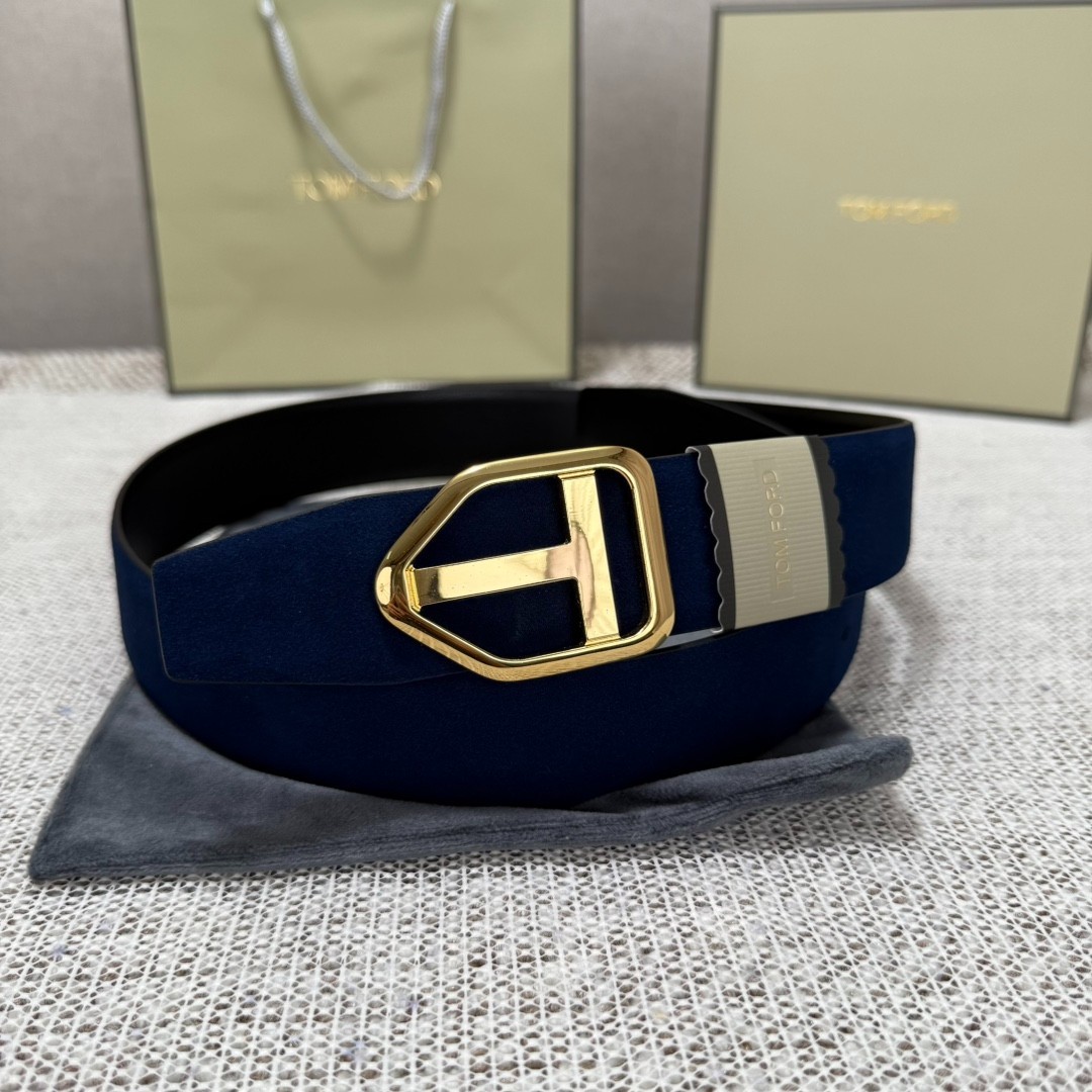 Tom Ford Belt Reversible Blue/Black Calfskin Gold T Buckle Belt