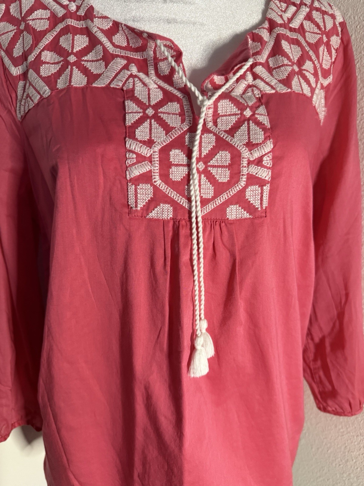 Talbots Petite Pink Embroidered Cotton Peasant Blouse Boho Tassel Top LP