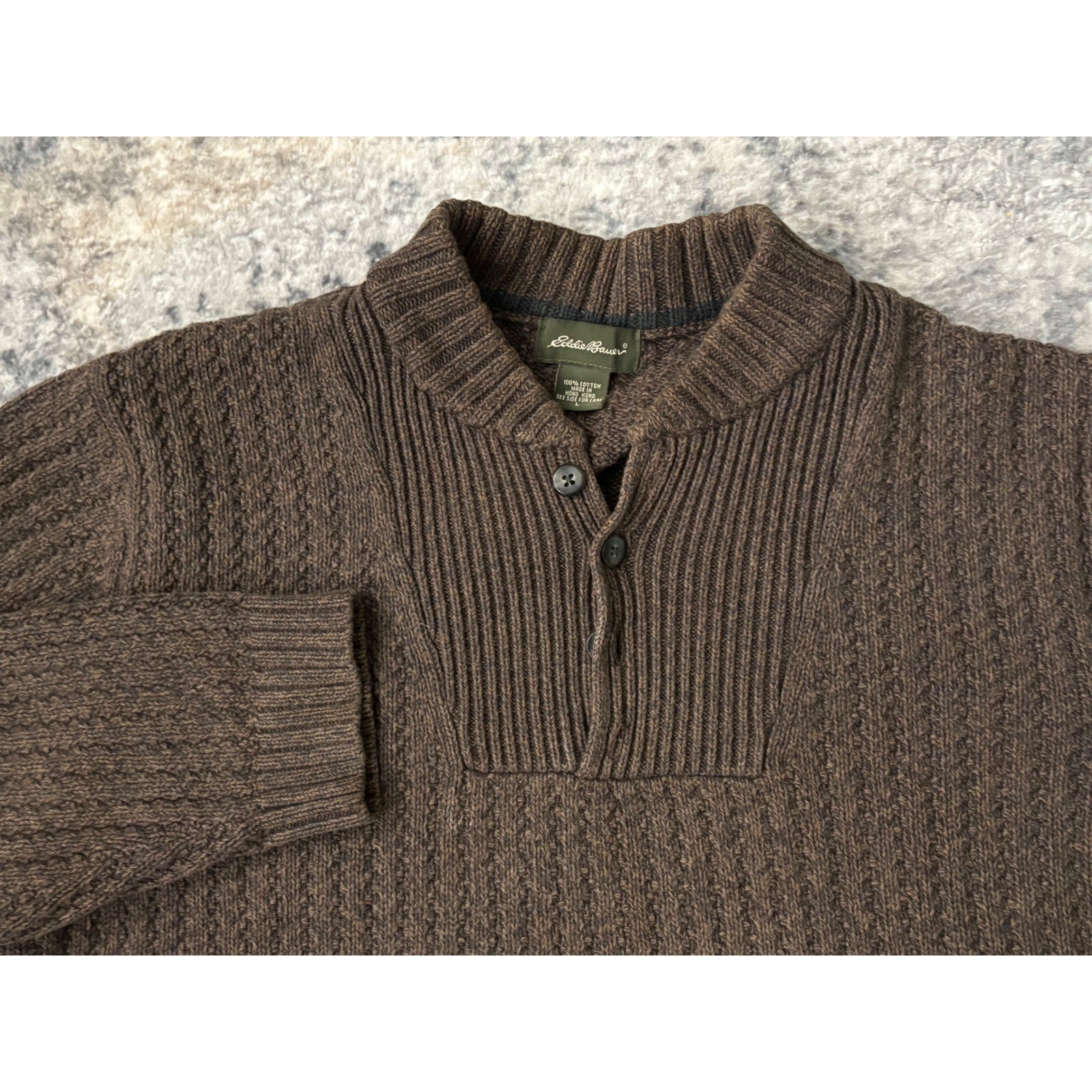 Vtg Eddie Bauer Fisherman Henley Sweater Mens L Brown Chunky Cable Knit Cotton