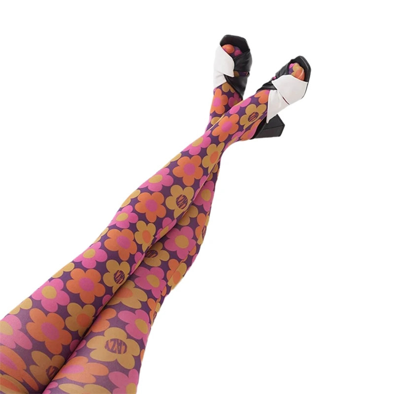 Women Patterned Pantyhose Y2k Aesthetic Tie Dye Sheer Tights Funky Print Hollow