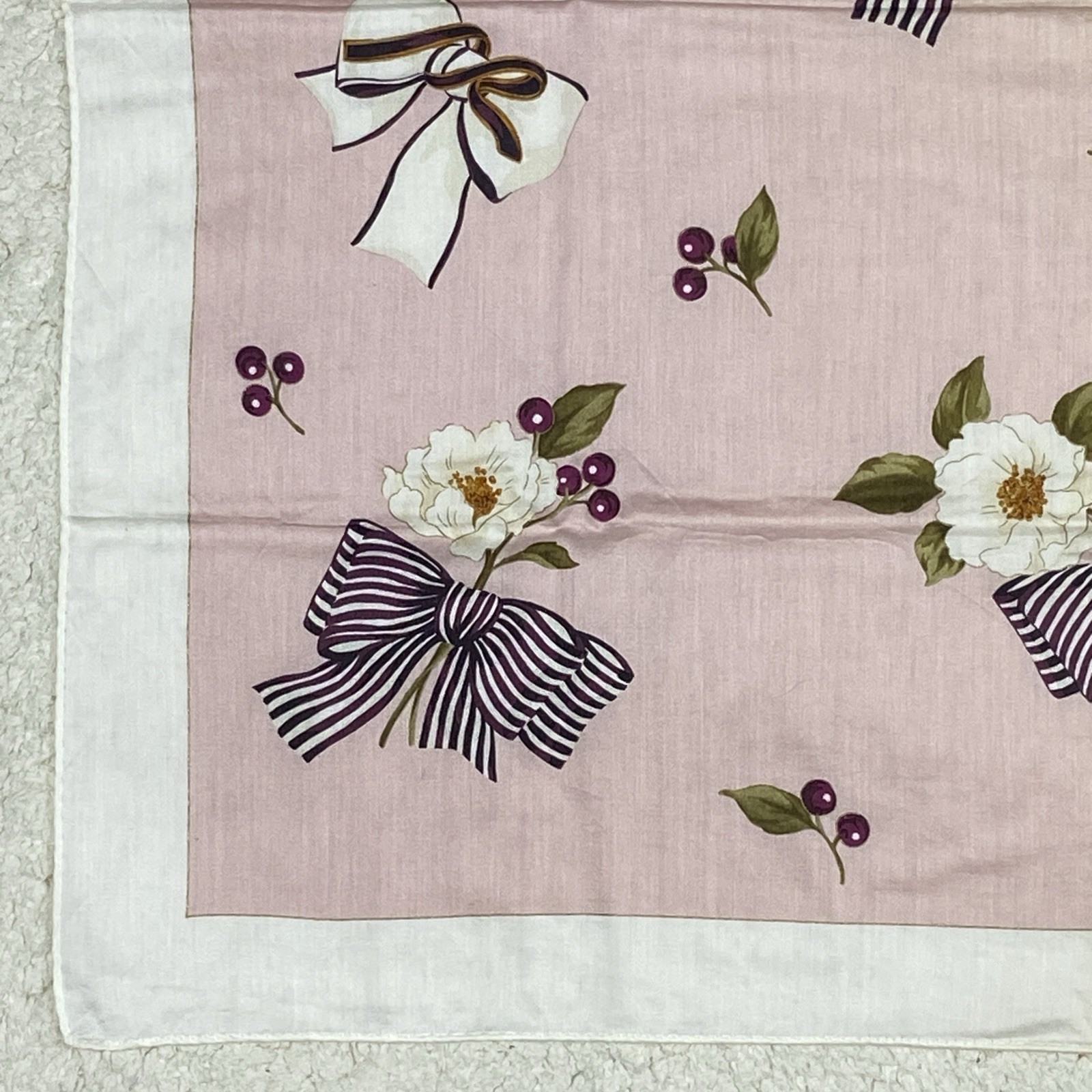 Nina Ricci Pocket Square Cotton Floral Bow Pink White 22”X22” Vintage
