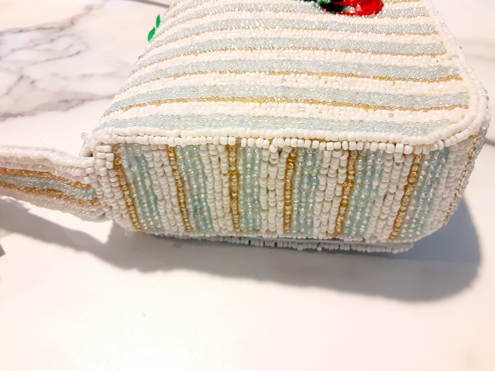 Made in India Beaded Tomato Striped Mini Shoulder Bag Purse White Gold Mint