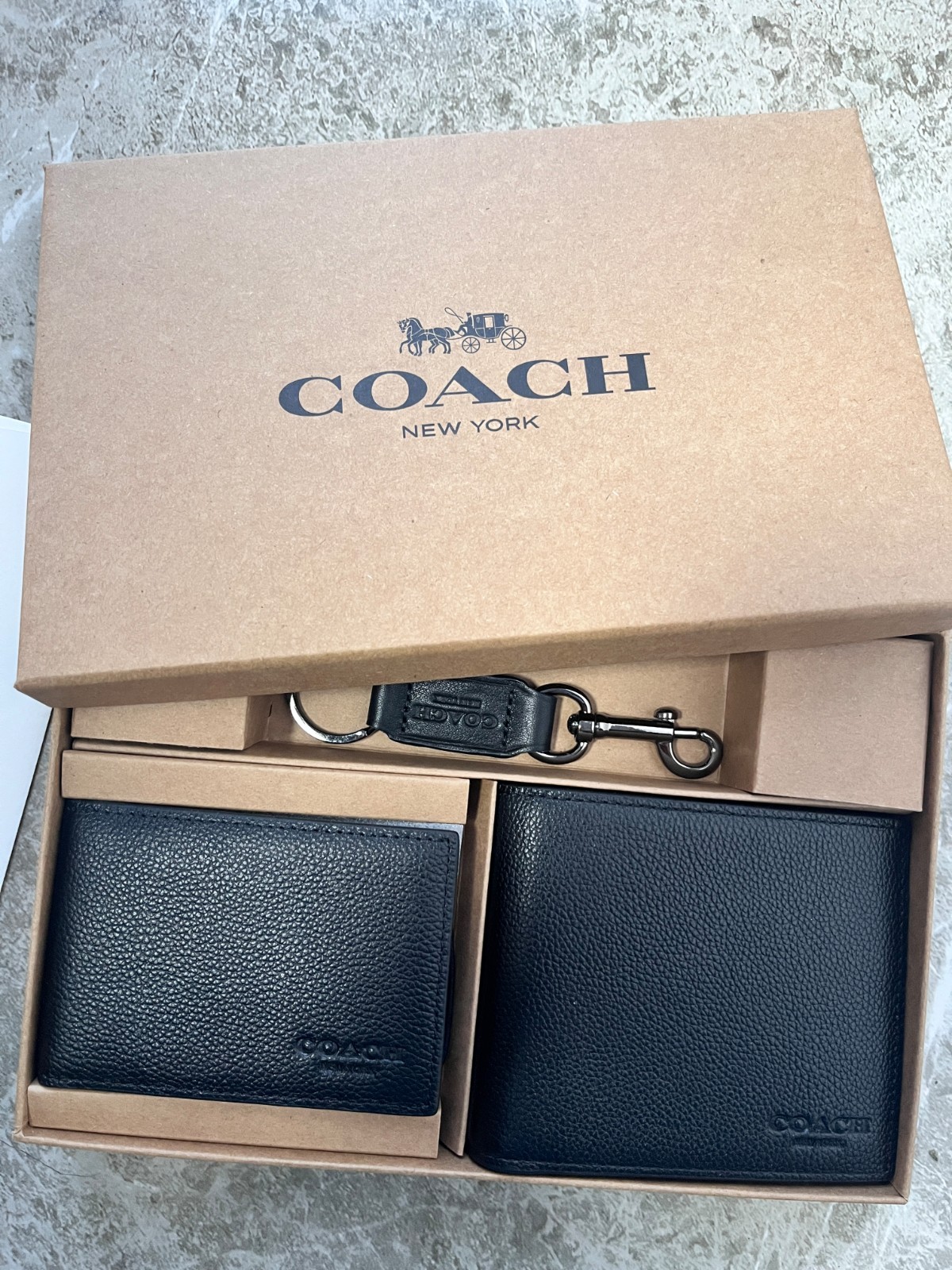 Coach Men’s Black Leather Bifold Wallet with Keychain Gift Set, Brand New in Box