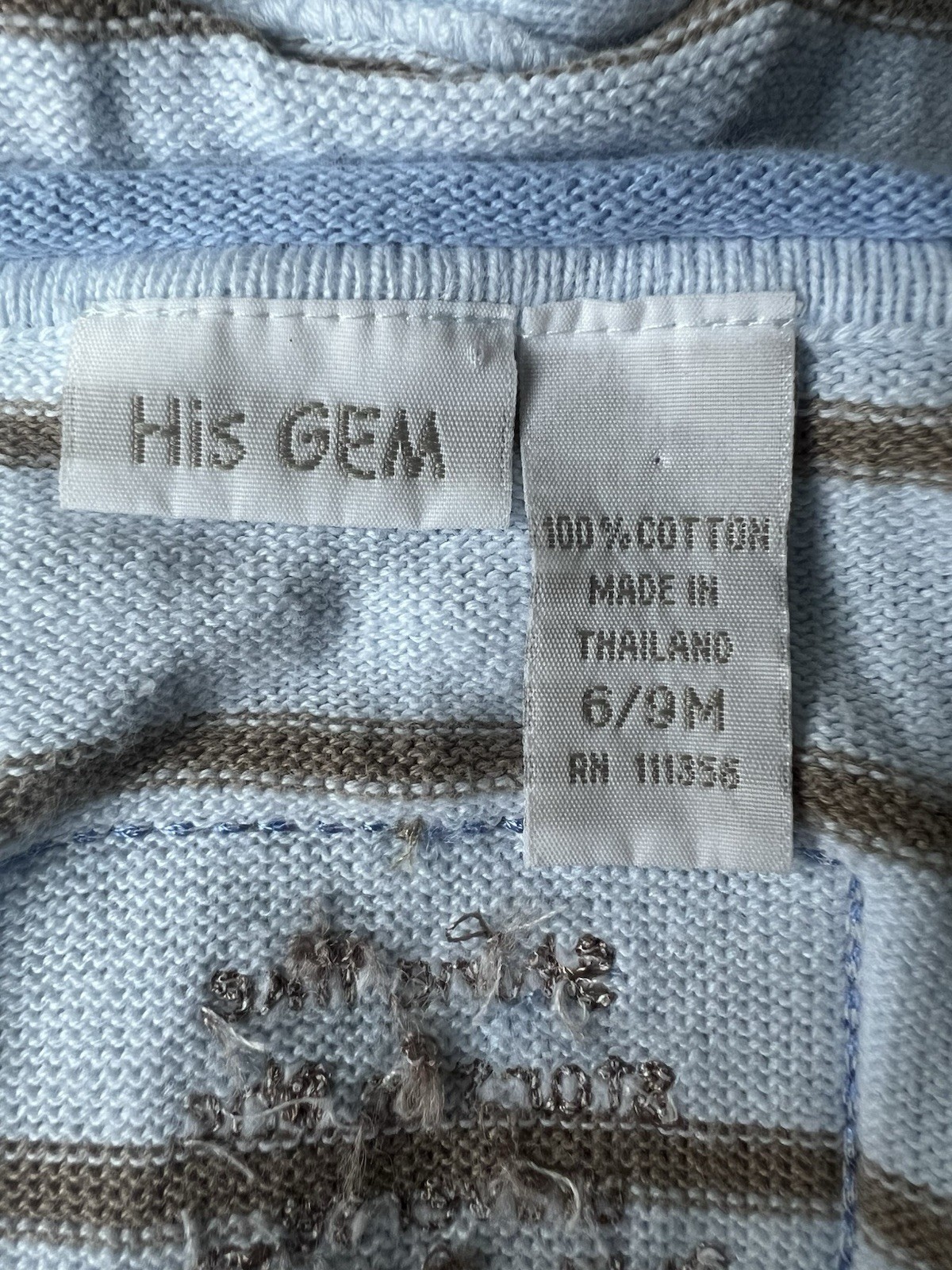 His Gem Baby Striped Knit Coverall One-Piece 6/9M Blue Brown Star Applique Snap