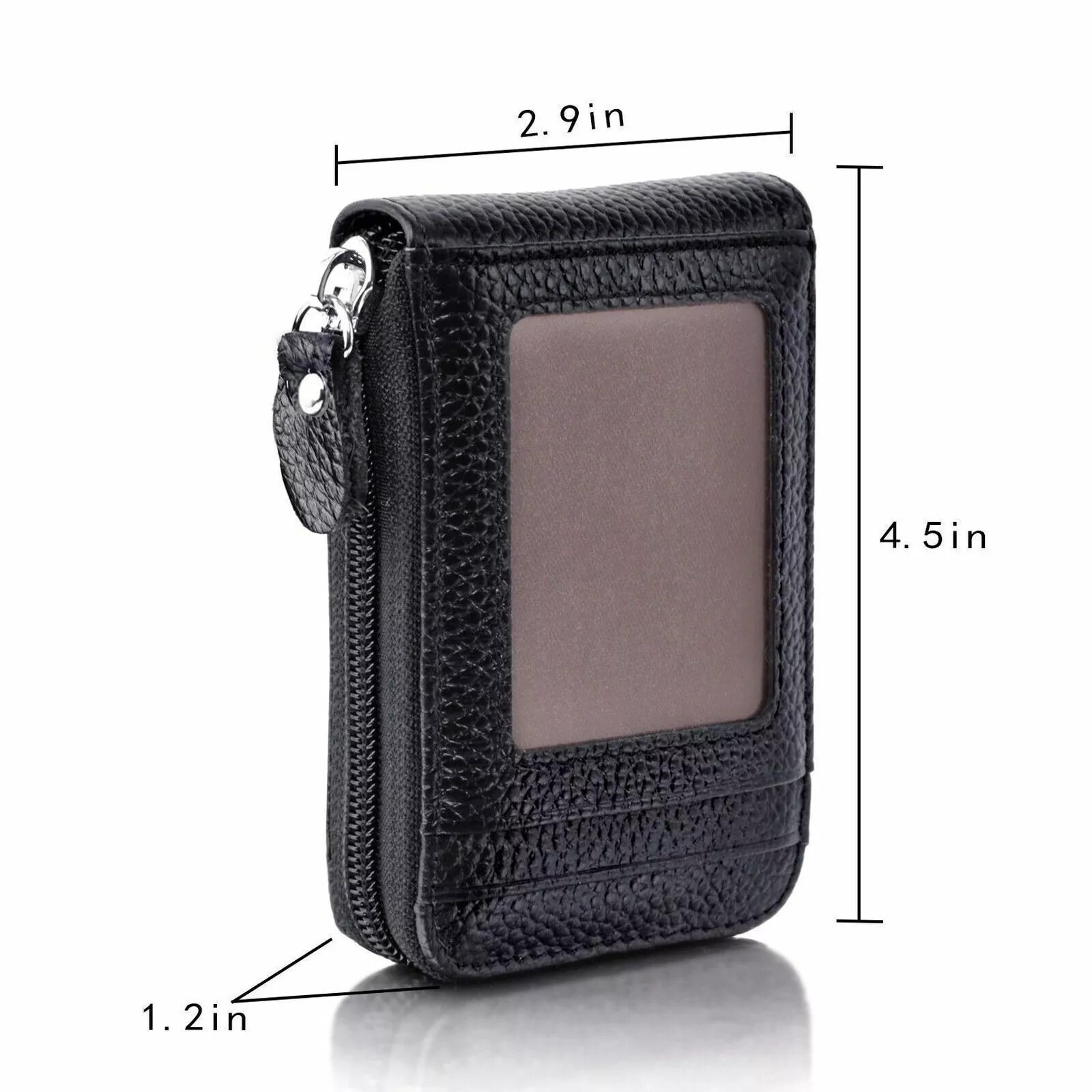 Leather Credit Card Holder RFID-Blocking Zipper Pocket Wallet with ID Window