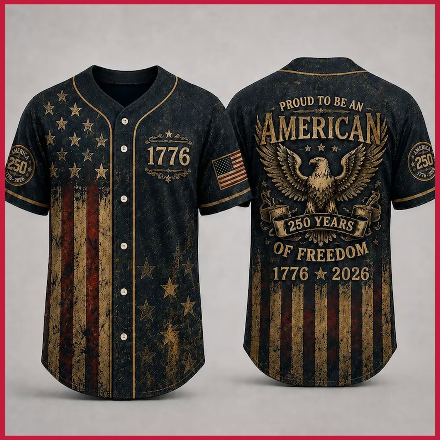 USA 250th Anniversary Baseball Jersey, 1776 Patriotic American Flag Button Shirt