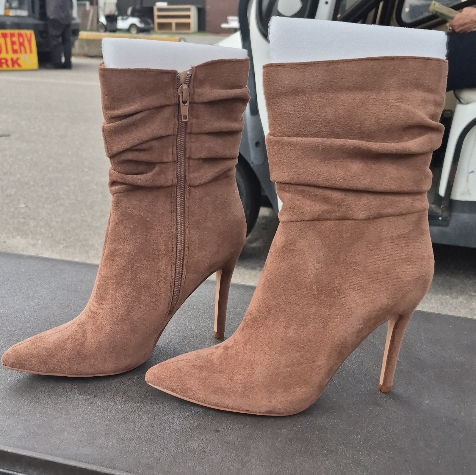Women’s Brown Faux Suede Mid-Calf Pointed Toe Stiletto Booties, Zip, 7