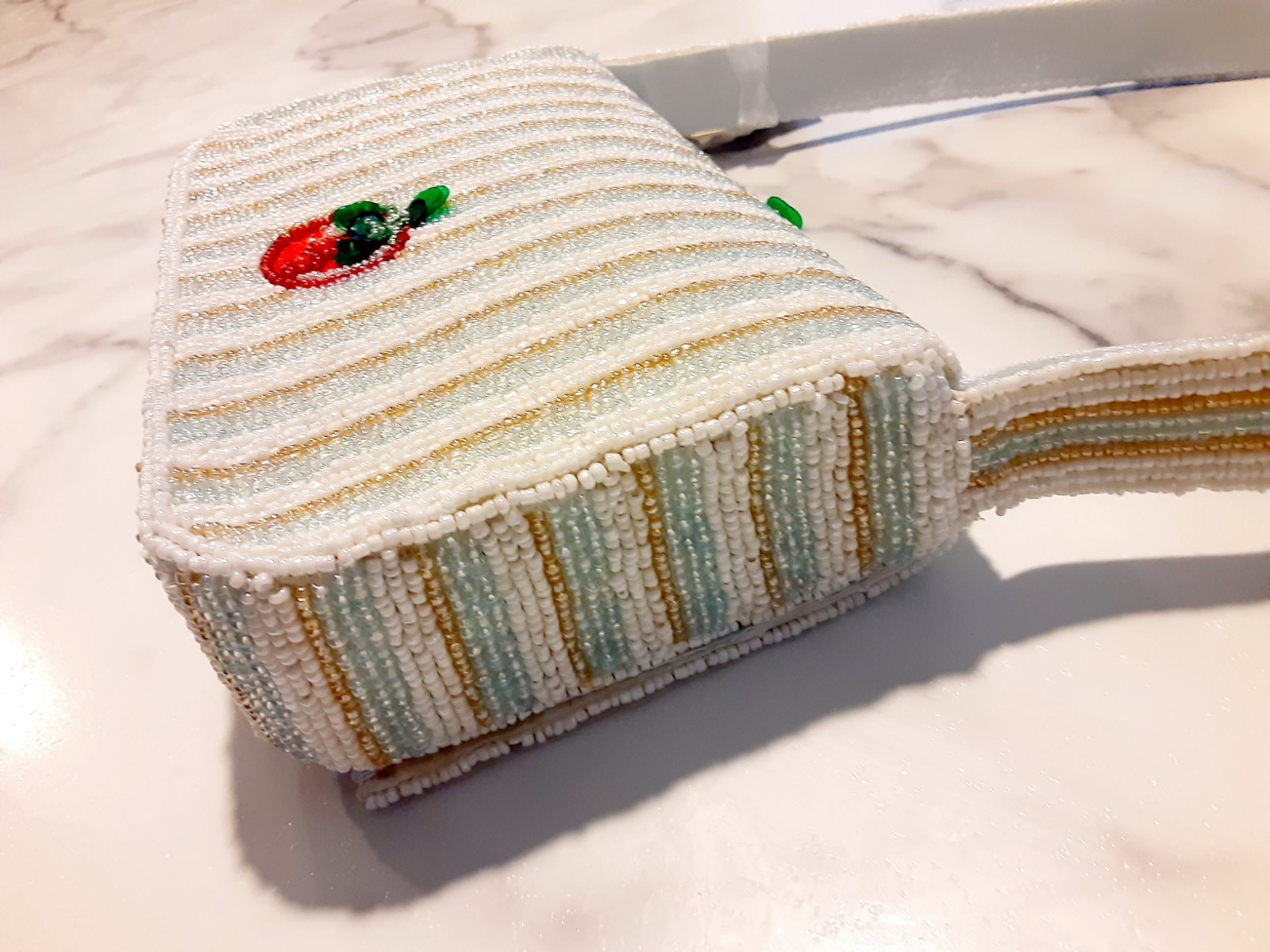Made in India Beaded Tomato Striped Mini Shoulder Bag Purse White Gold Mint