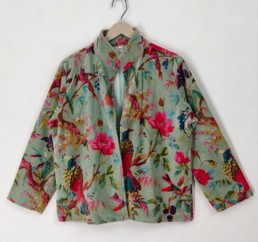 Vtg Velvet Floral Bird Print Jacket Sage Green Pink Peony Botanical Boho Coat