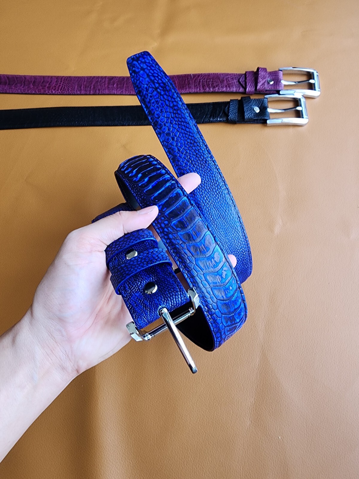 3.8CM Navy Blue 100% Genuine Nubuck Ostrich Legs Leather Skin Men Belt Buckle