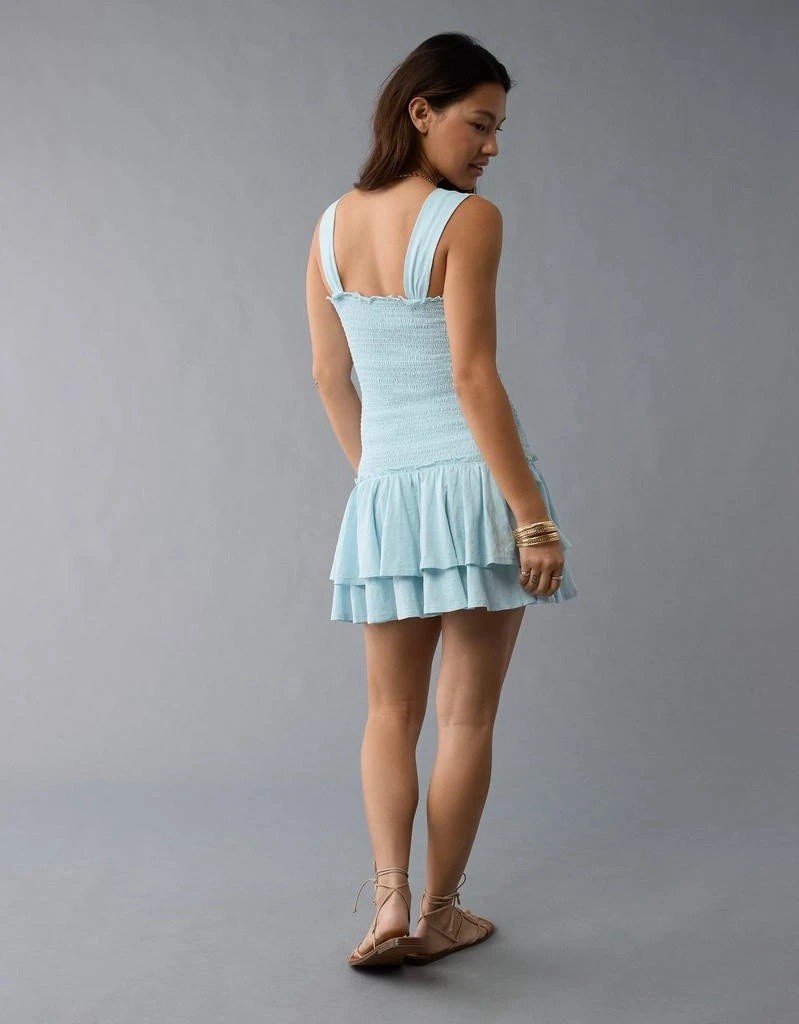 American Eagle Blue Cotton Smocked Ruffle Tiered Fit & Flare Mini Dress XL